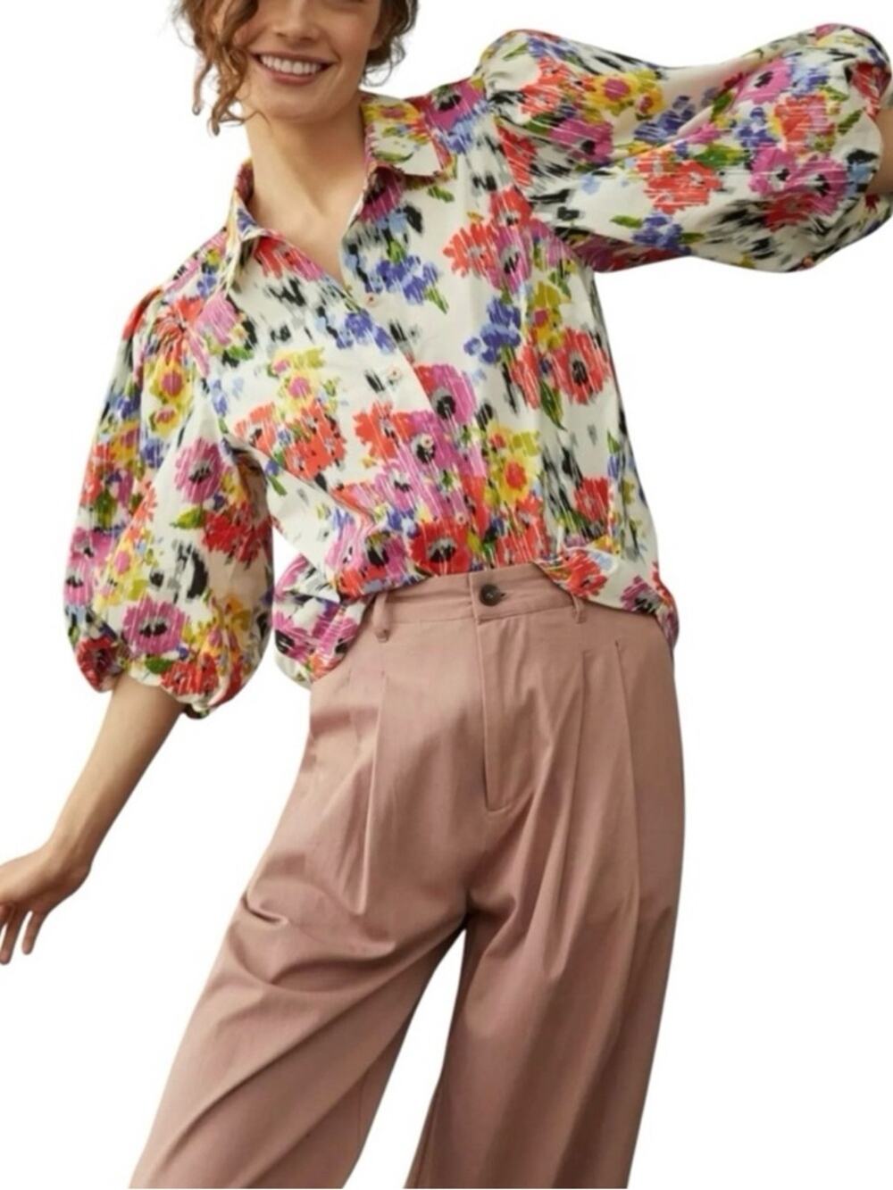 MAEVE  Rachael Floral Bright Multi-Color  Puff Sleeve Button-Up Cotton Top Sz XS